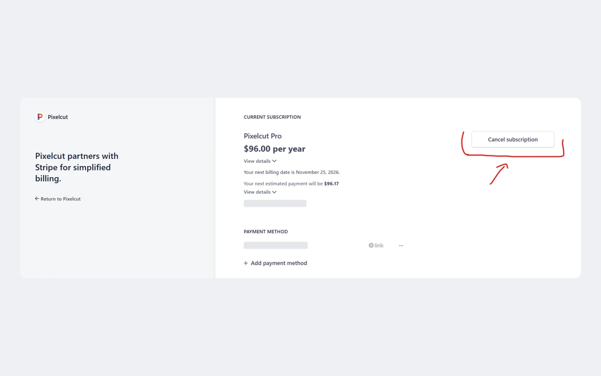 Pixelcut Stripe billing portal showing Pixelcut Pro at $96.00 per year with a Cancel button