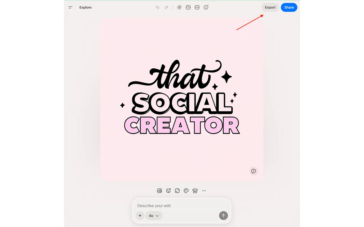 Playground design editor with a social media graphic open, Export and Share buttons and a Describe your edit prompt box