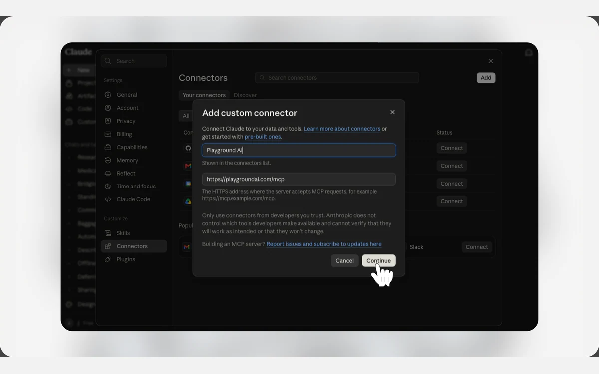 Claude connector settings with a Playground connector name and the Playground MCP URL entered