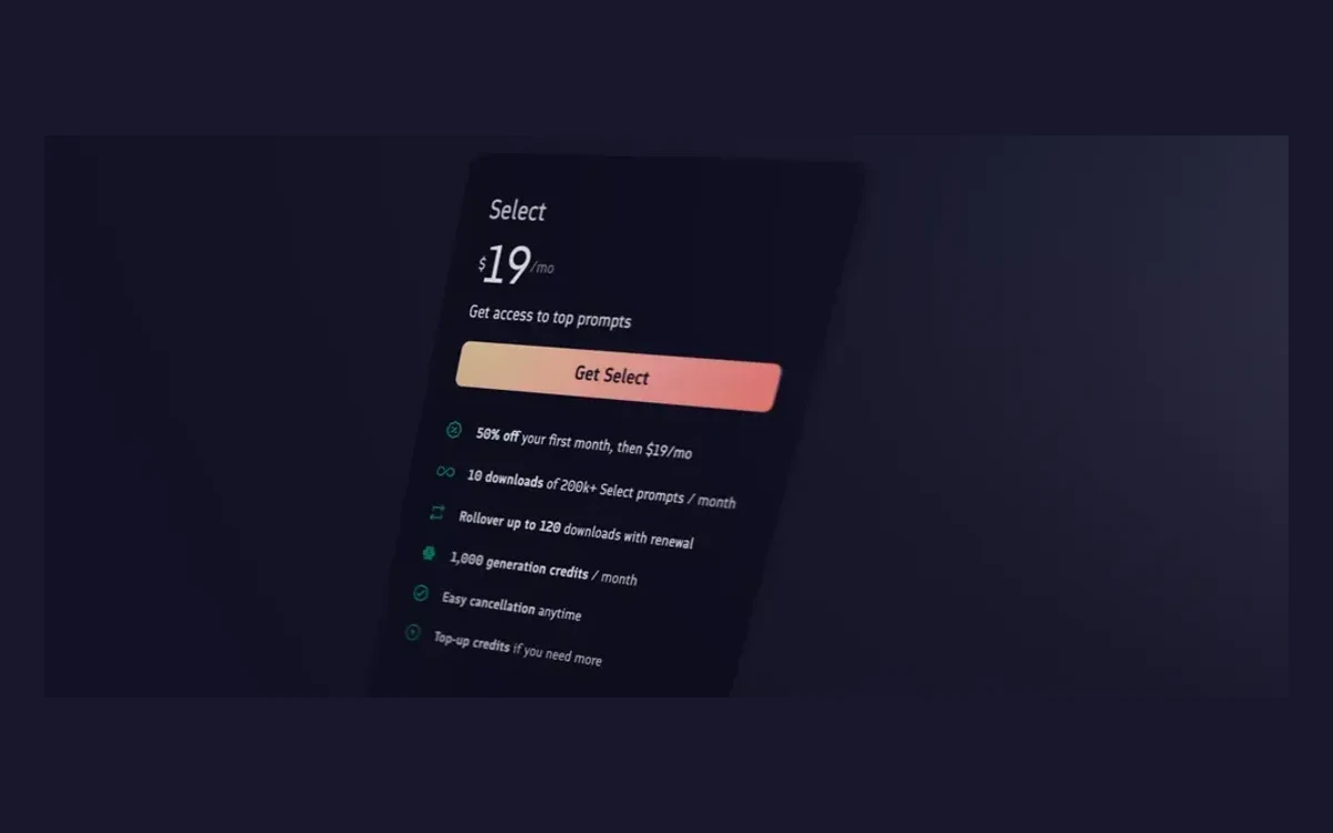 PromptBase Select plan card listing $19 a month, 10 downloads a month, rollover up to 120 downloads and 1,000 generation credits