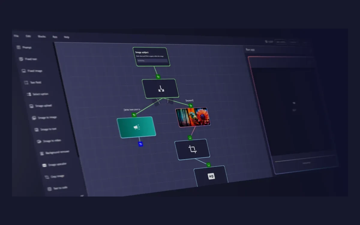 PromptBase app builder canvas with connected nodes for image input, image generation and processing steps