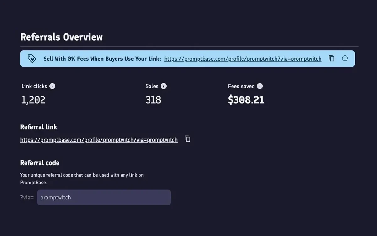 PromptBase seller referrals dashboard showing referral link activity for 0% fee sales