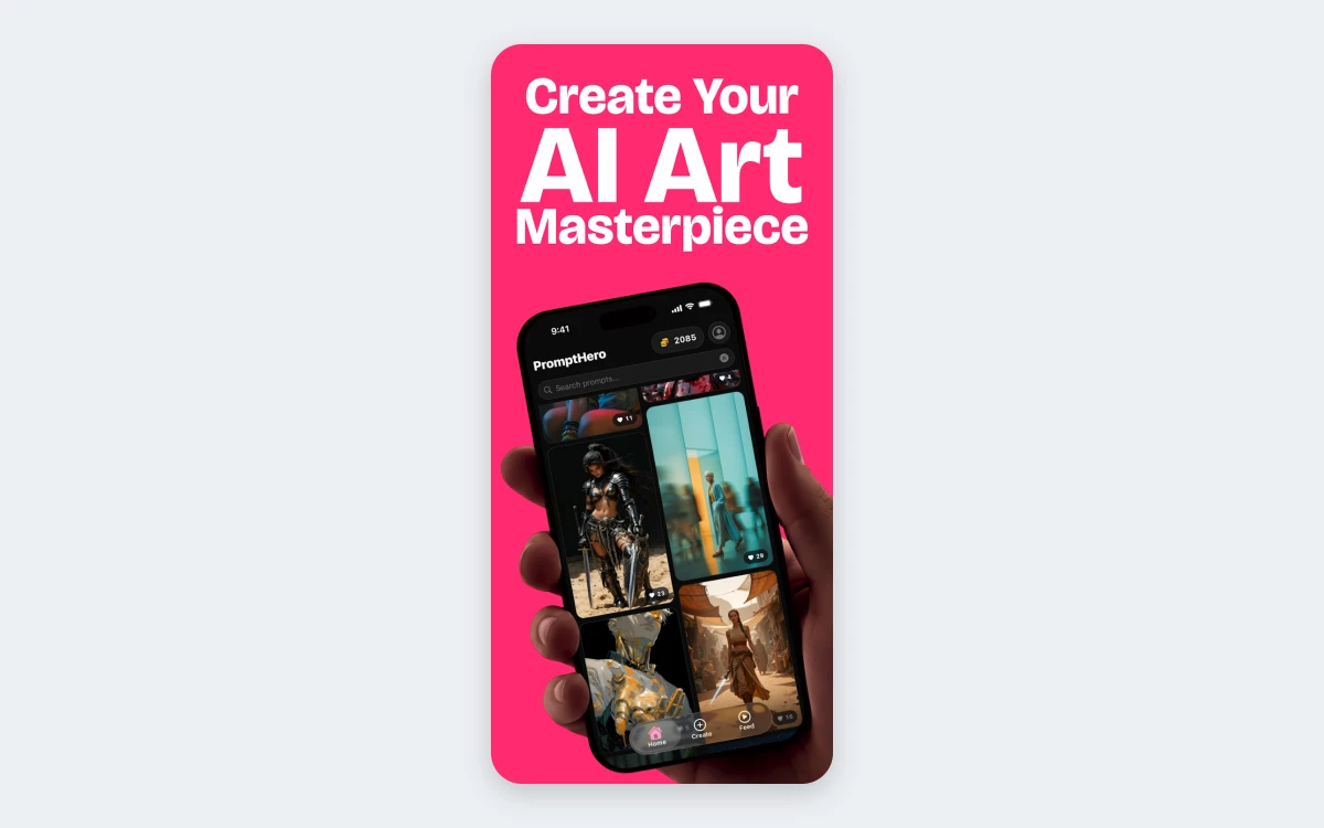 Google Play graphic reading Create Your AI Art Masterpiece, with a phone showing the PromptHero home feed, prompt search bar and image grid