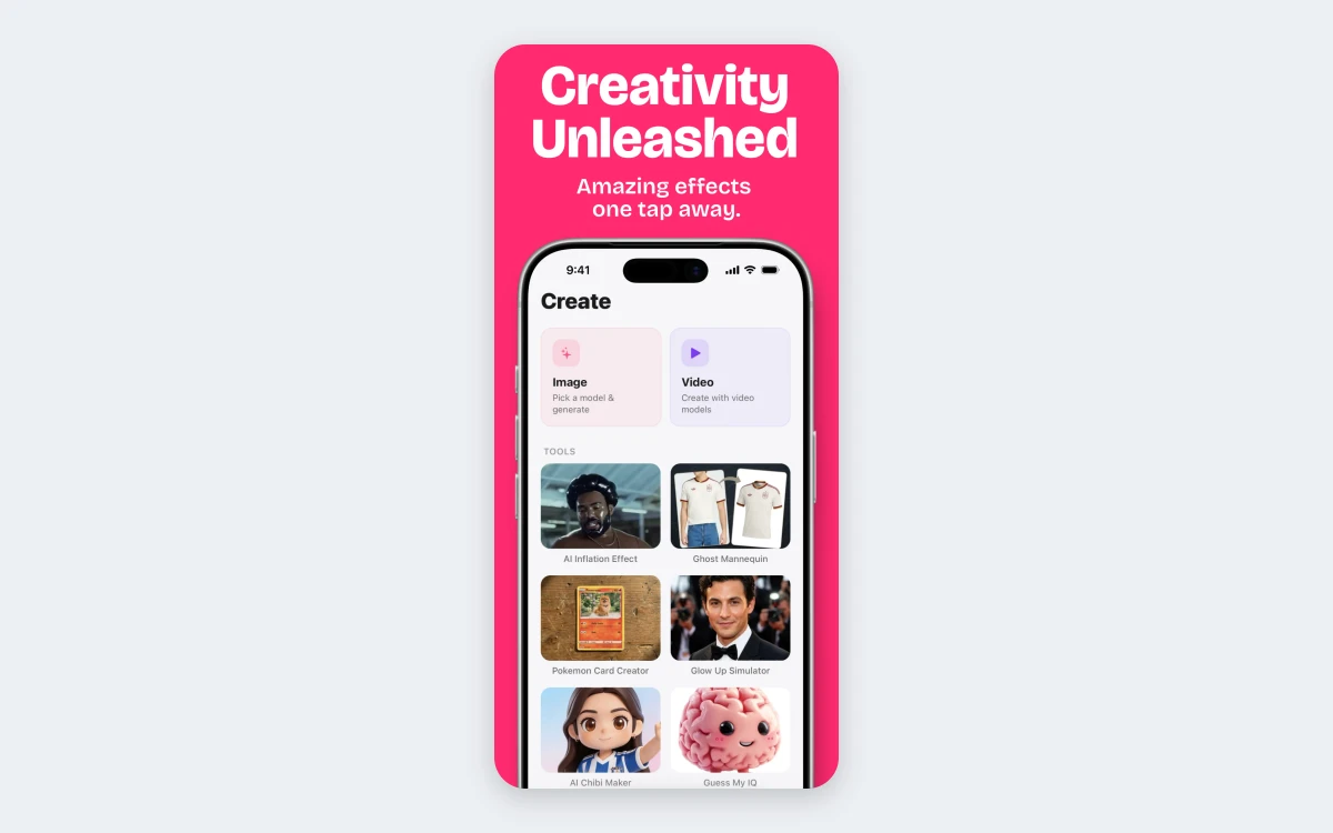 PromptHero app Create screen with Image and Video tiles and a grid of one-tap tools