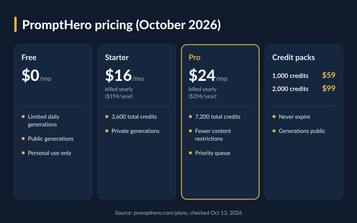 PromptHero pricing comparison of the Free, Starter and Pro plans and the 1,000 and 2,000 credit packs