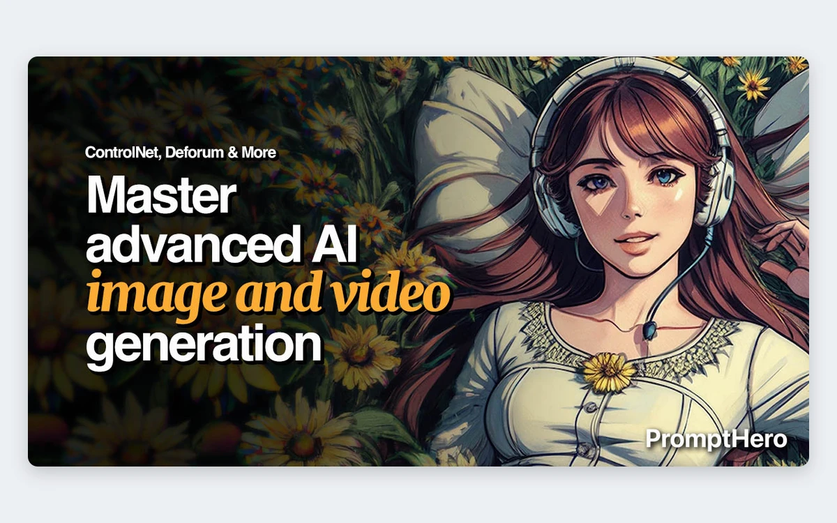 PromptHero Academy course artwork reading Master advanced AI image and video generation, ControlNet, Deforum and more