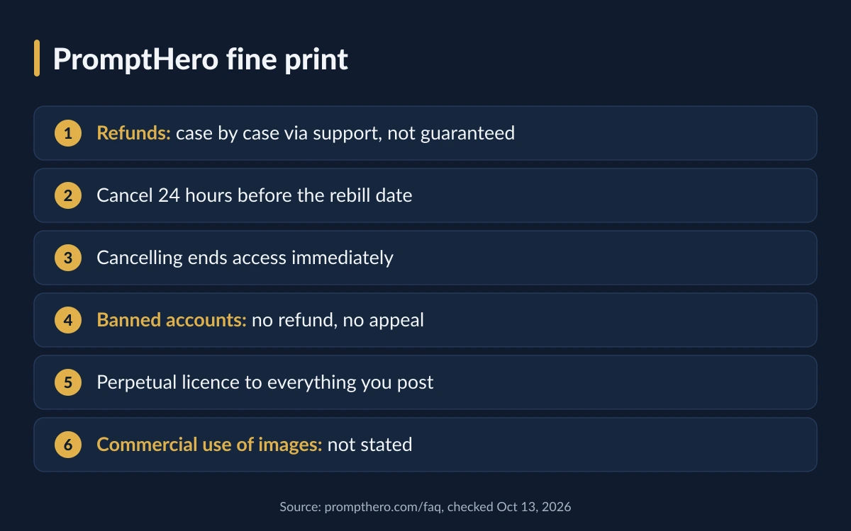 Summary of PromptHero's refund, cancellation, licence and privacy terms