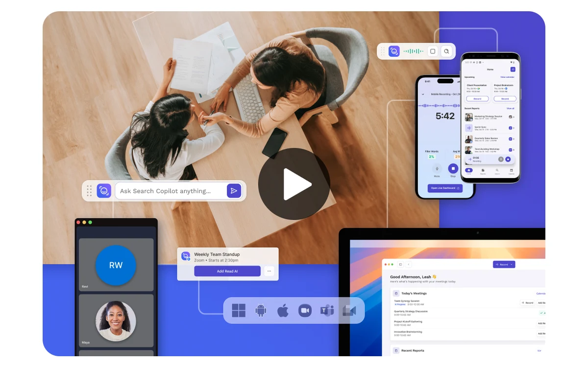 Read AI meeting dashboard with summaries, playback and metrics
