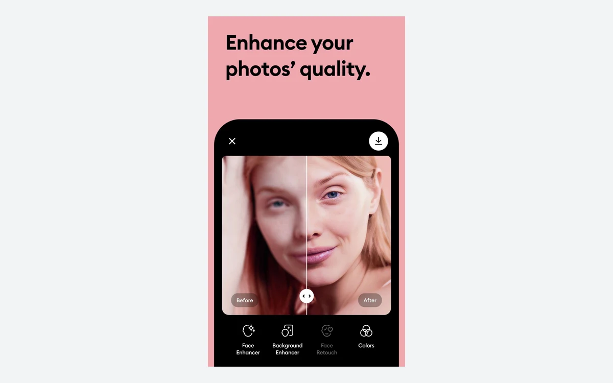 Remini app before and after slider on a portrait with Face Enhancer, Background Enhancer, Face Retouch and Colors tools