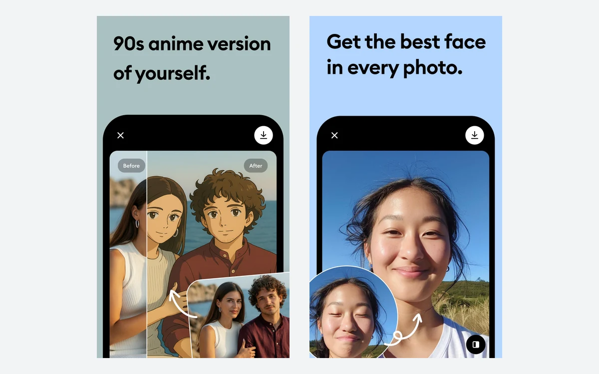 Remini App Store screenshot turning a couple photo into a 90s anime style image