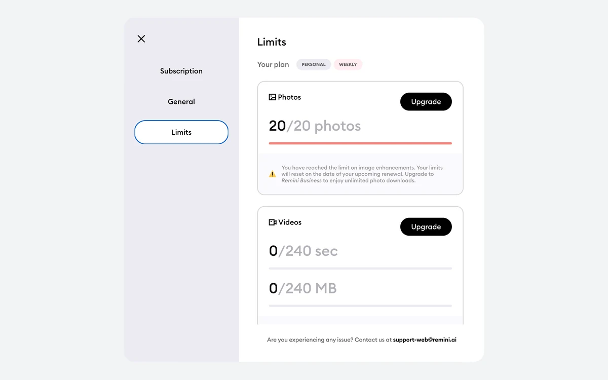 Remini Web Limits page on a Personal Weekly plan showing 20 of 20 photos, 0 of 240 seconds and 0 of 240 MB