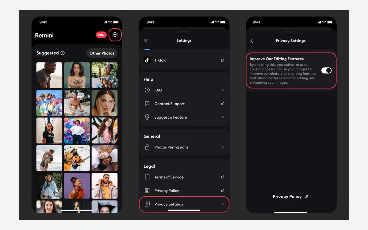 Remini app Privacy Settings screen with the Improve Our Editing Features toggle