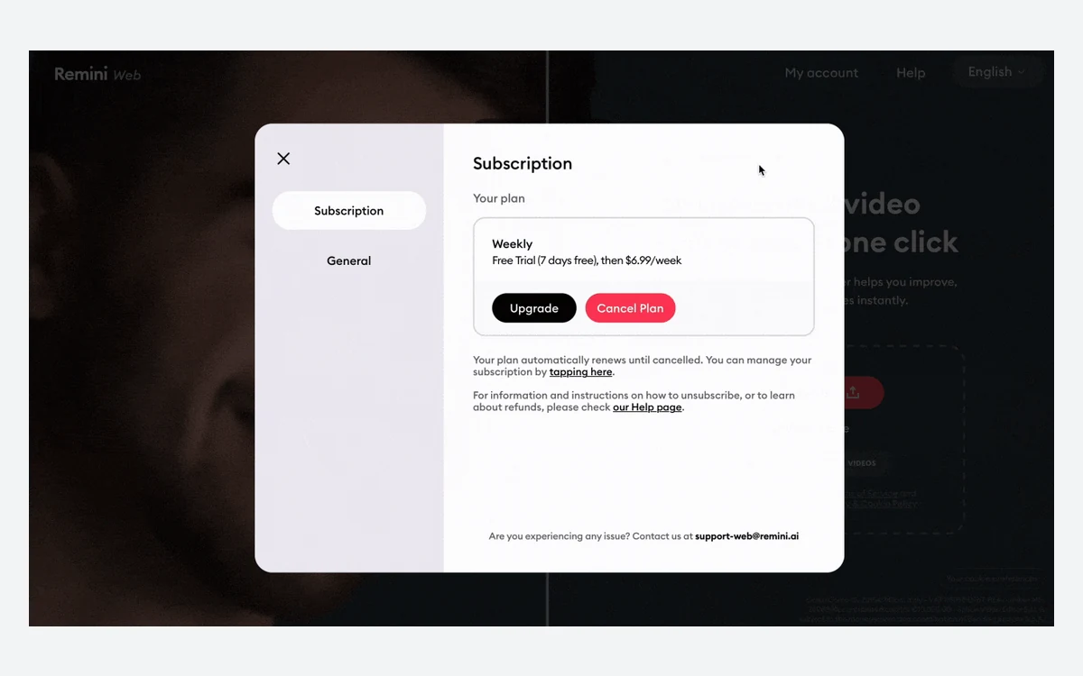 Remini Web Subscription dialog showing a Weekly plan with Upgrade and Cancel Plan buttons
