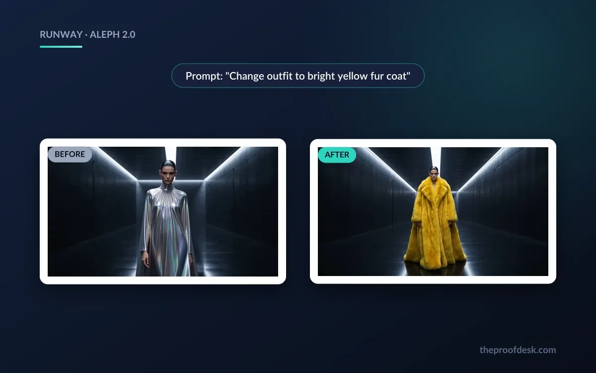 Aleph 2.0 before and after frames of the same shot, with the subject's outfit changed by a text prompt