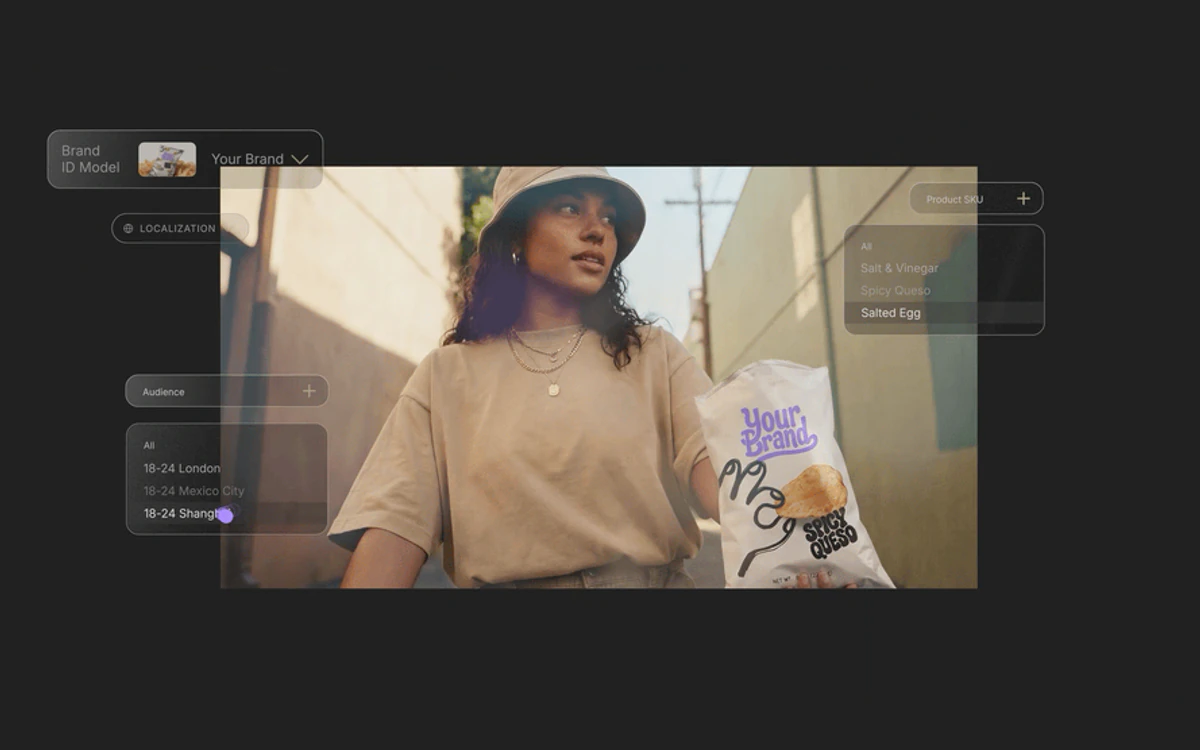 Brand Studio ad image of a woman holding a Your Brand chip bag, with Brand ID Model, Localization, Audience and Product SKU panels around it