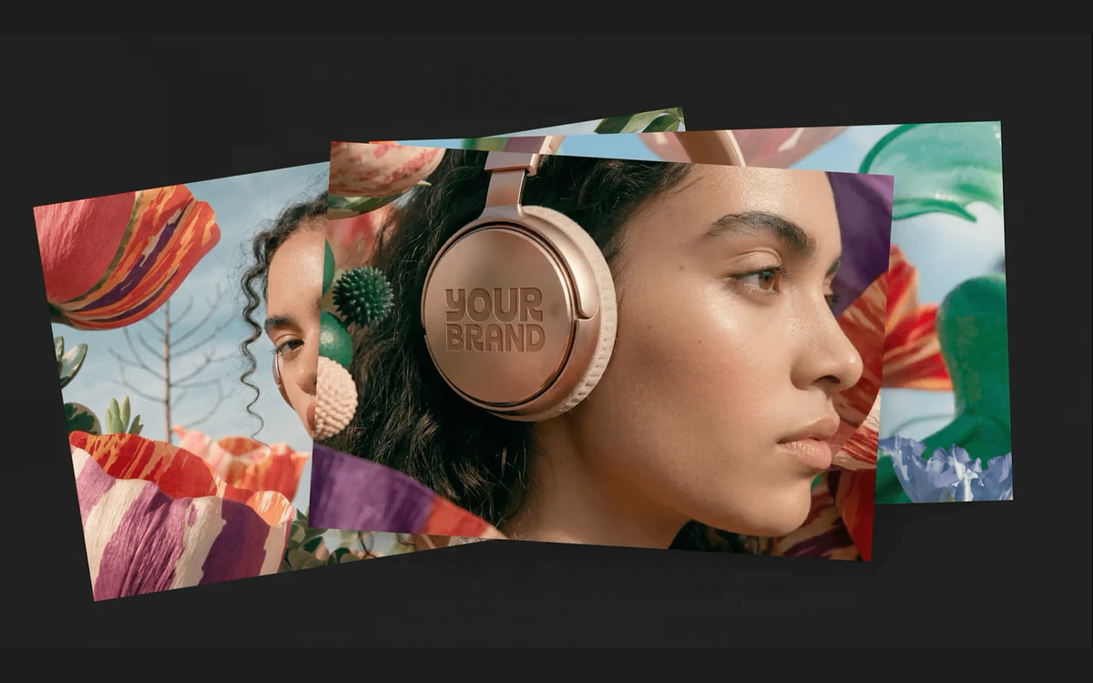 Three Brand Studio Producer Mode ad variations of women wearing rose-gold Your Brand headphones among flowers