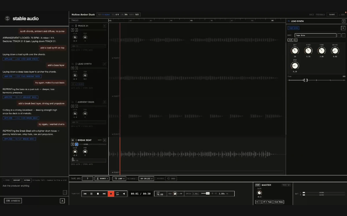 Stable Audio web app session with a prompt chat on the left and stacked waveform tracks for synth, bass and break beat