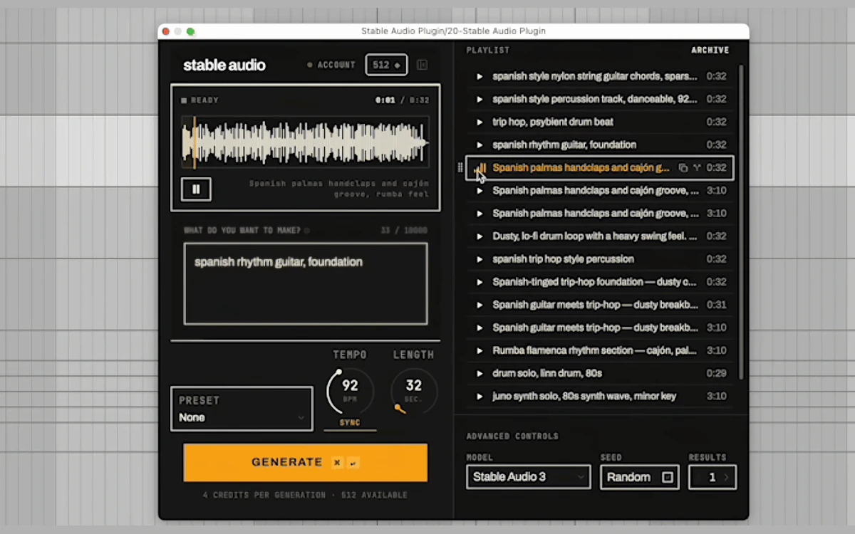 Stable Audio plugin window over a DAW timeline with a guitar prompt, Generate button and a list of generated clips