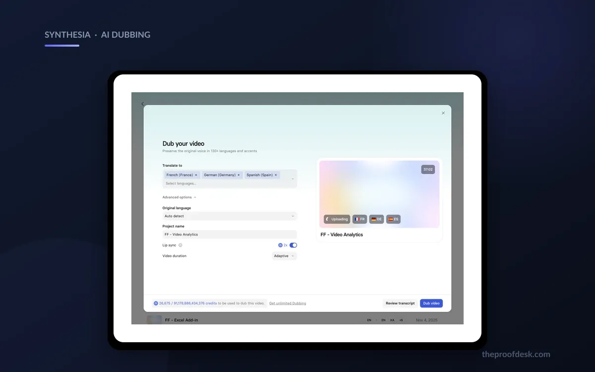 The Synthesia AI dubbing screen with a target language selector open