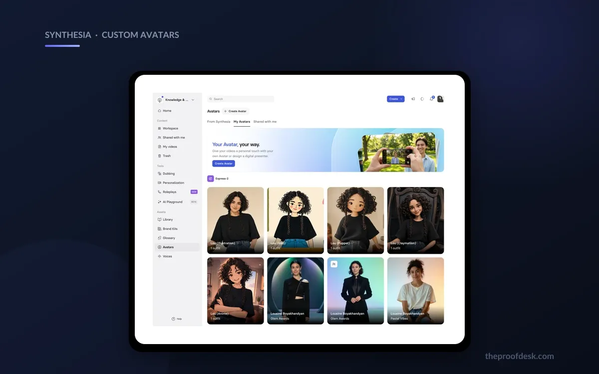 The My Avatars tab in Synthesia listing a user's own personal avatars