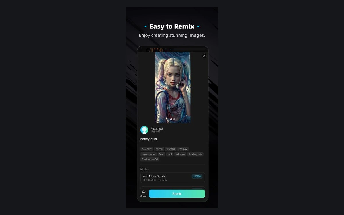 Tensor.Art community post page with tags, the LoRA used and a Remix button