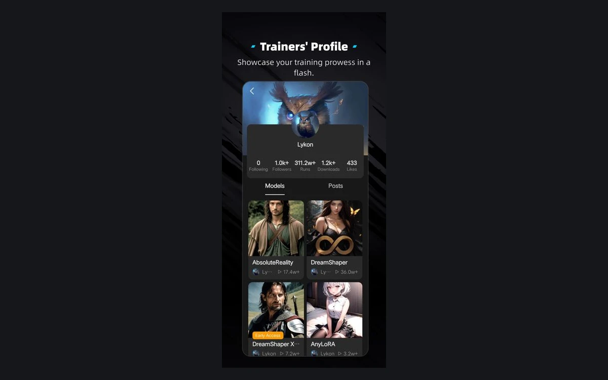 Tensor.Art trainer profile for the creator Lykon showing followers, runs, downloads and a grid of models