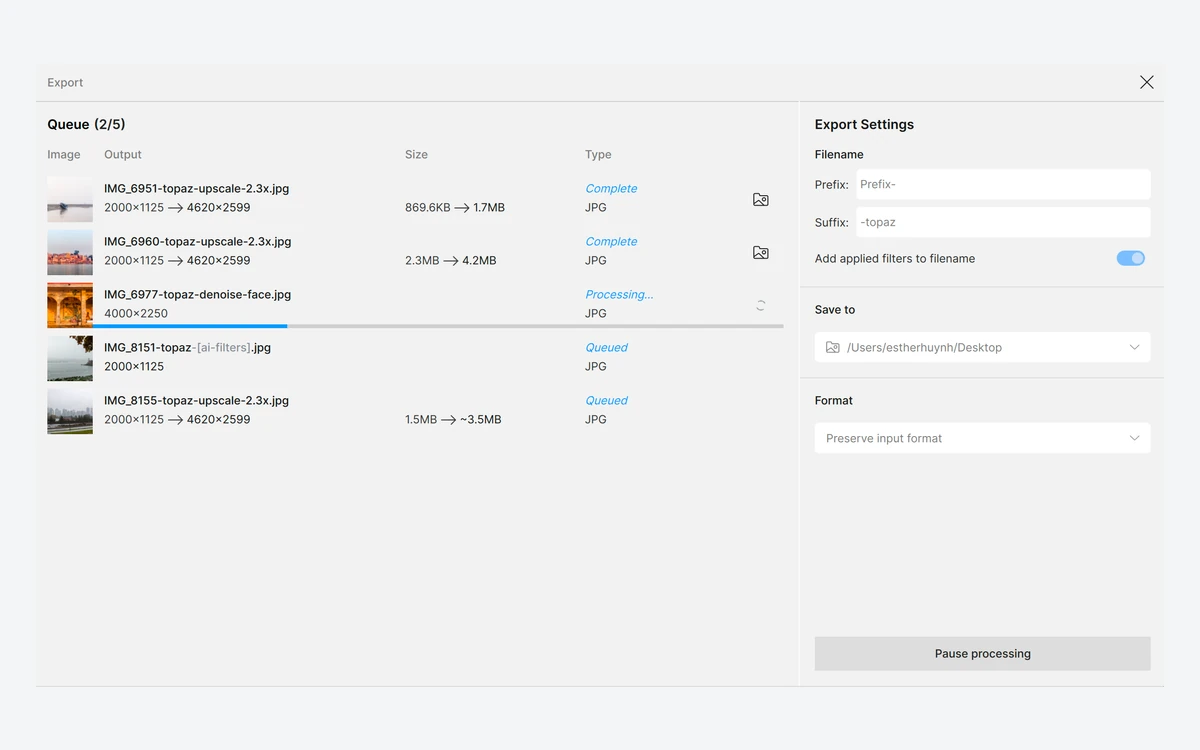 Topaz Photo desktop app with the export queue and export settings panel open