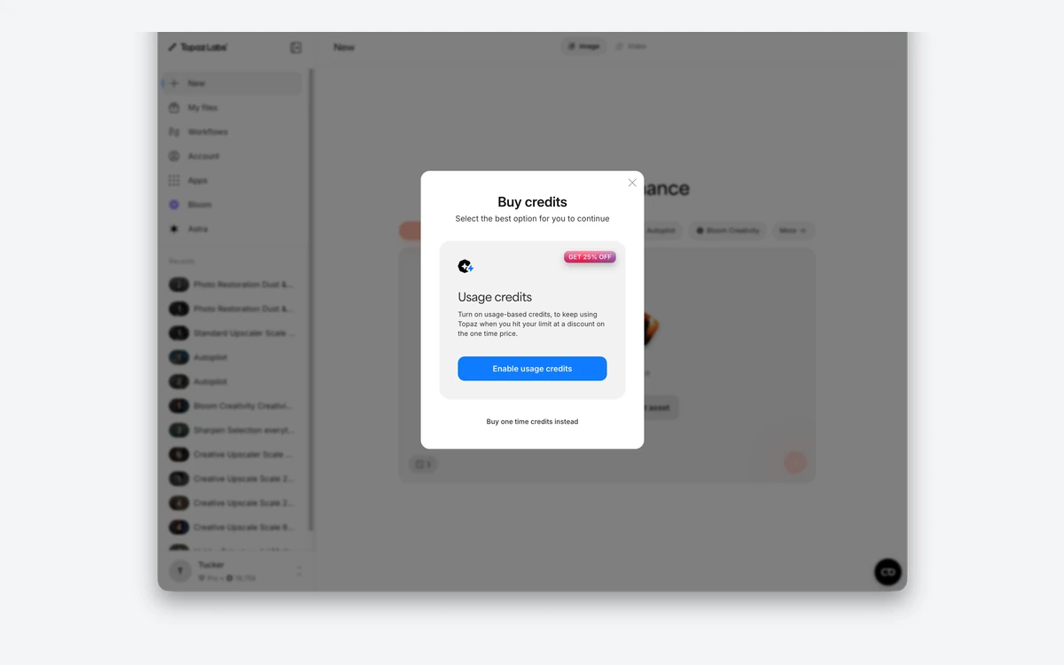 Topaz for Web interface with a Buy credits dialog showing usage credit packs and a 25% off offer
