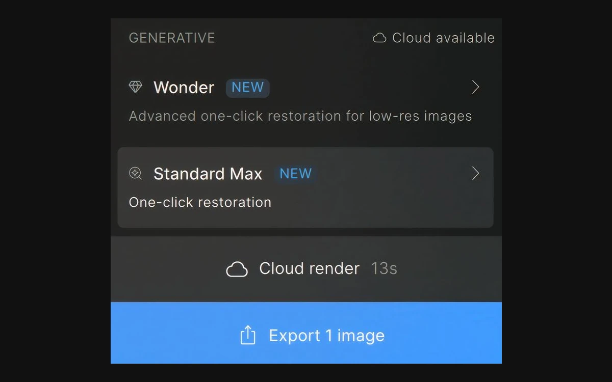Gigapixel generative model panel listing Wonder and Standard Max, with a Cloud render button and an Export 1 image button