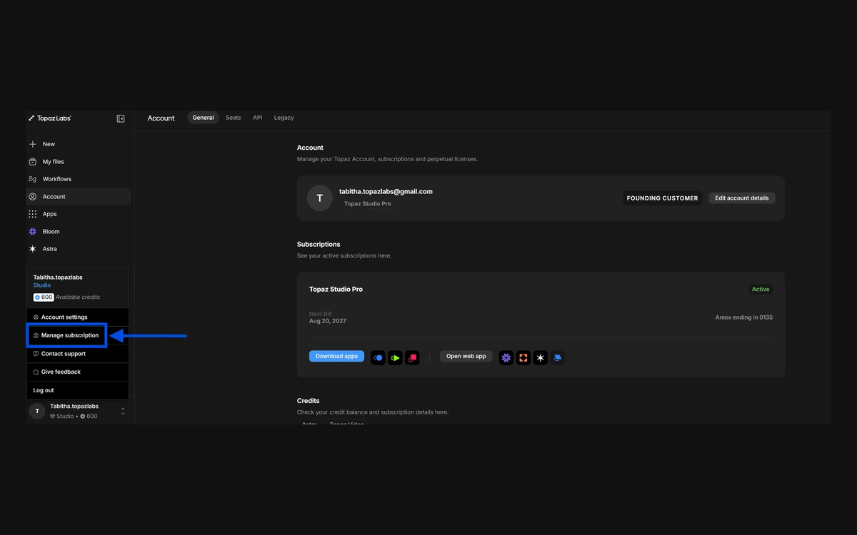 Topaz Labs account page showing an active Topaz Studio Pro subscription, a credits section and the Manage subscription link