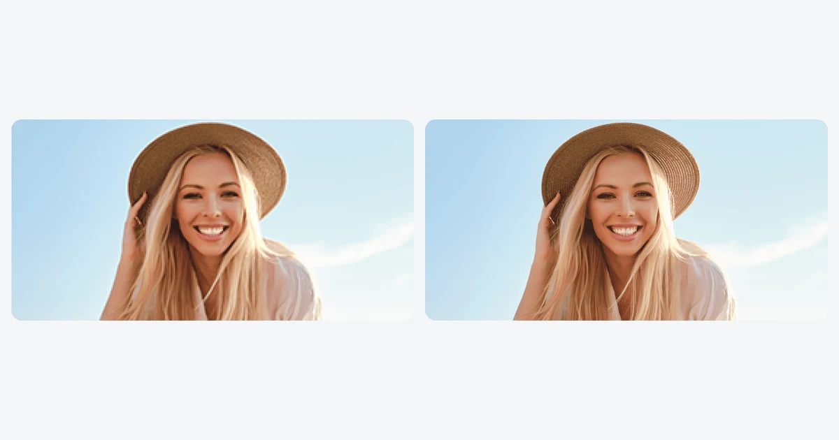 Two copies of a smiling blonde woman in a straw hat against a blue sky, the left slightly soft and the right sharp after upscaling