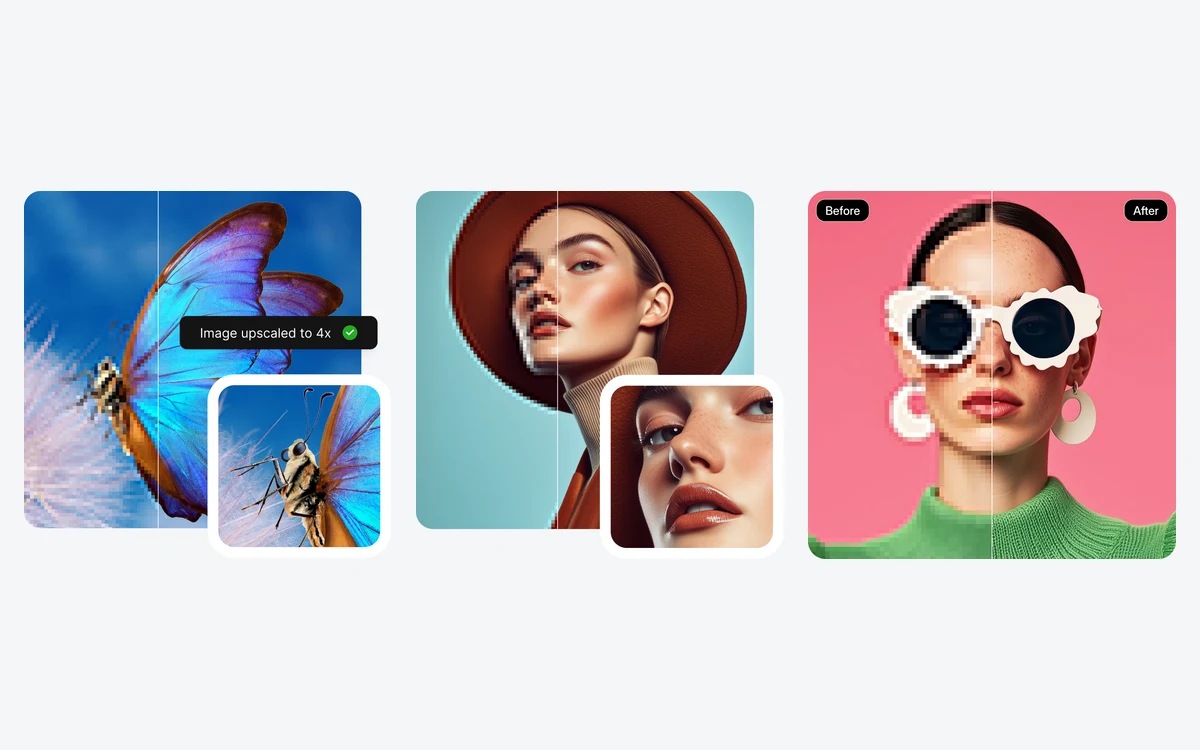 Three Upscale.media feature samples: a blue butterfly marked as upscaled to 4x, a woman in a red-brown hat with a face close-up, and a before-and-after portrait of a woman in white flower-shaped sunglasses