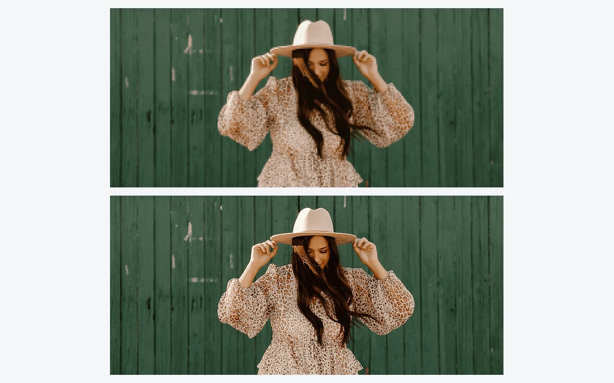 A woman in a patterned blouse holding the brim of a wide hat in front of a green wooden wall, shown twice with the lower copy sharper