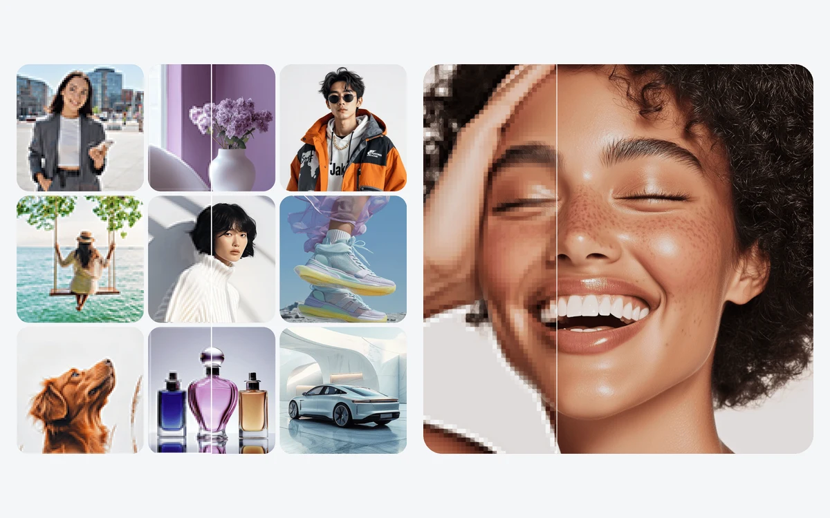 A grid of nine varied photos next to a portrait of a laughing woman whose face is split into a pixelated half and a sharp half