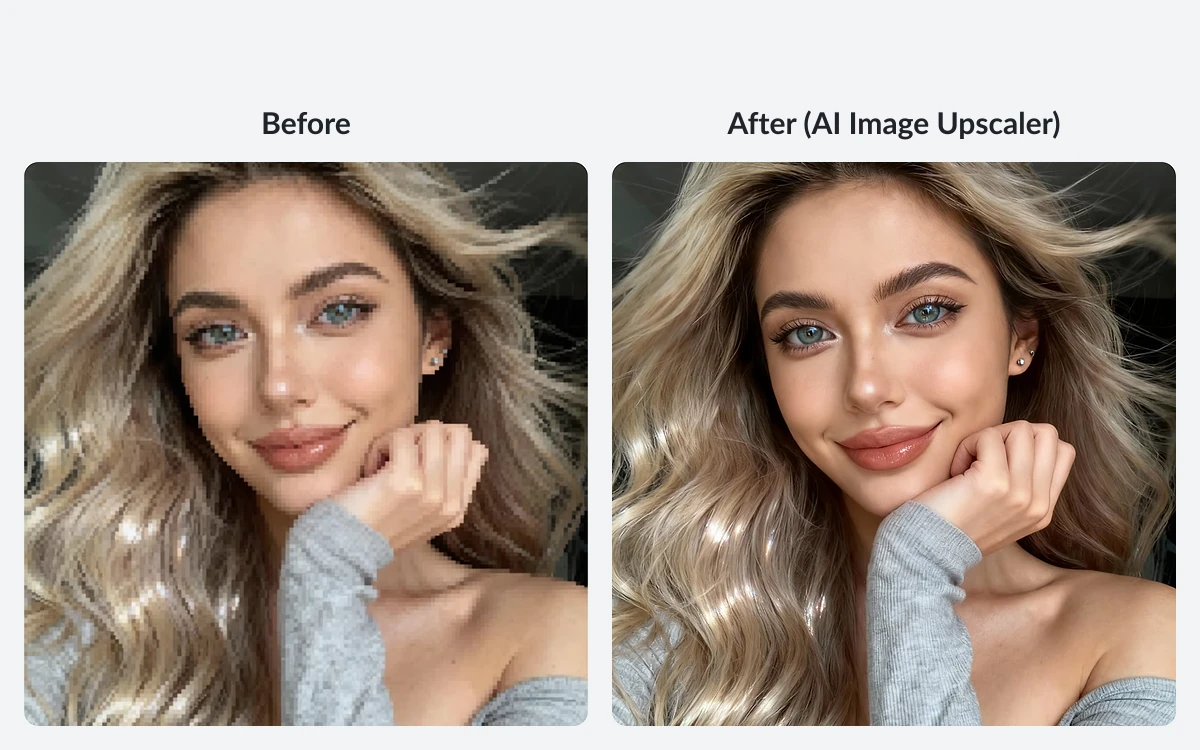 VanceAI AI Image Upscaler before and after sample showing a pixelated portrait next to a sharp upscaled version