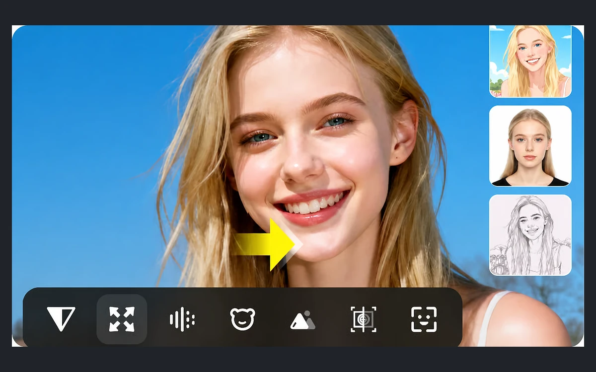 VanceAI creative tools promo showing a portrait with cartoon, passport photo and sketch versions