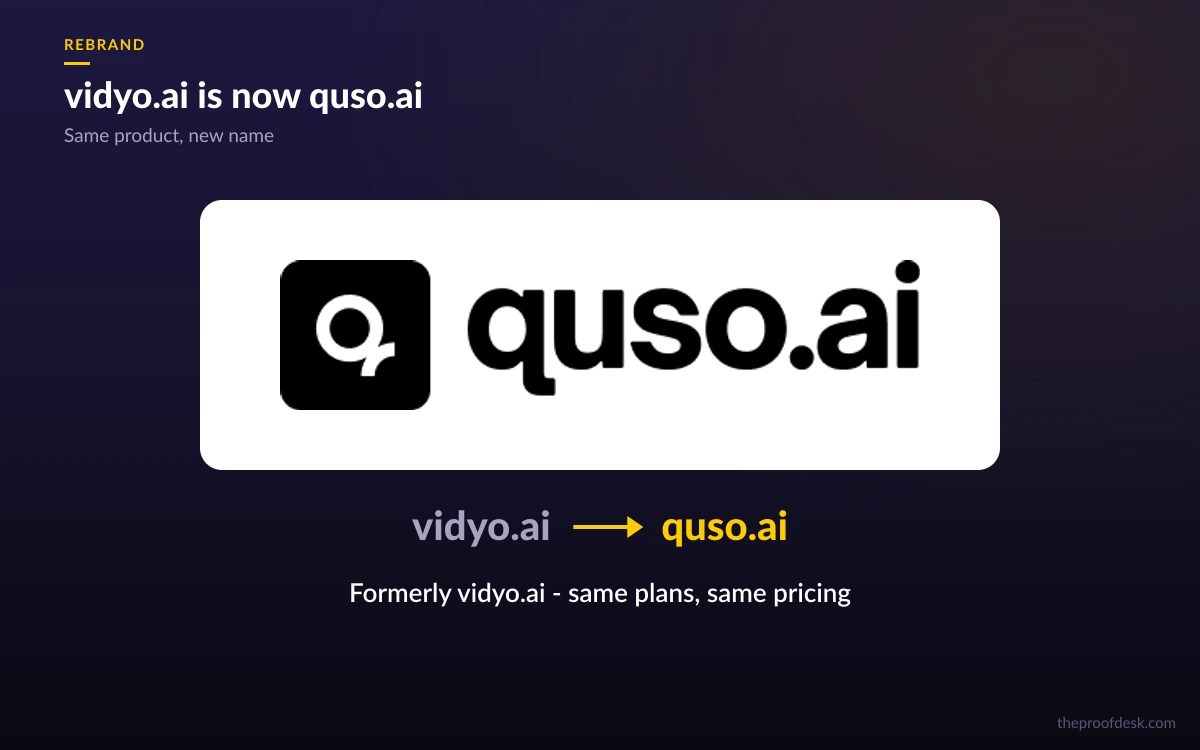 quso.ai logo shown as the new brand name of vidyo.ai