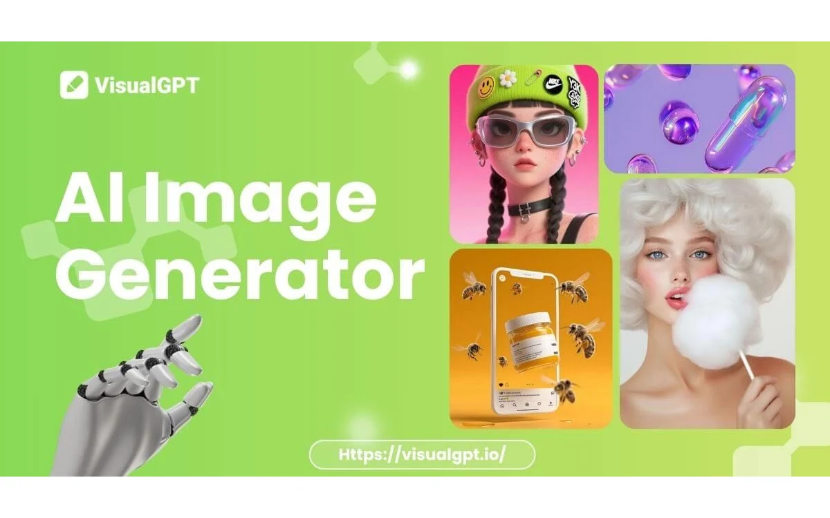 VisualGPT AI Image Generator banner with the VisualGPT logo and four sample generations: a 3D character, capsules, a honey product ad and a portrait