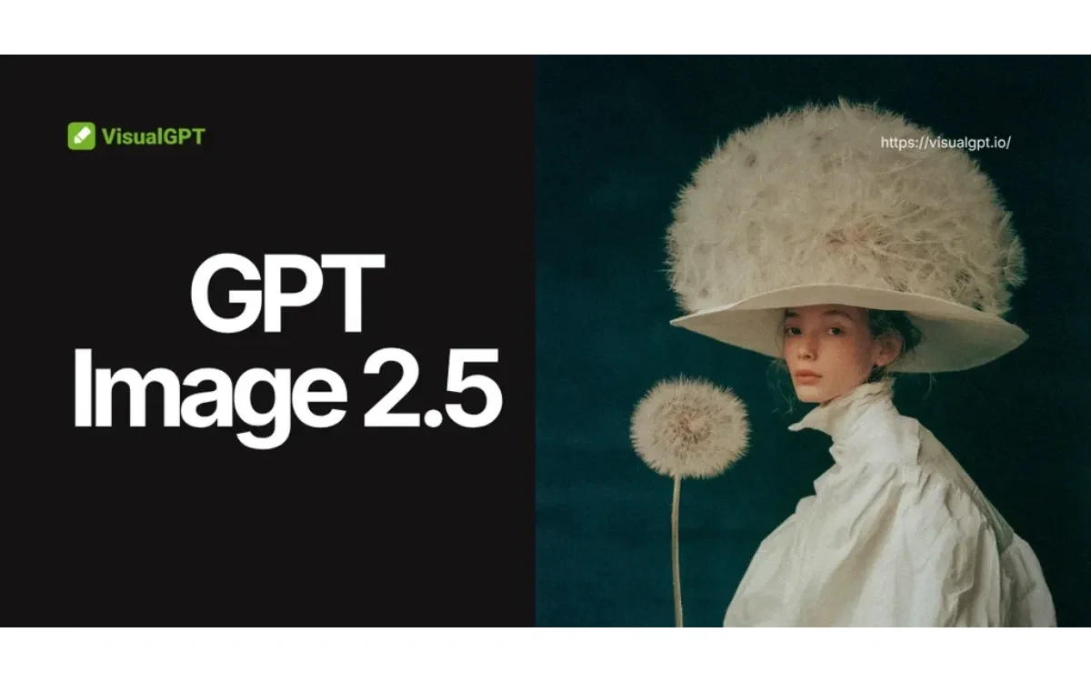 VisualGPT GPT Image 2.5 model banner showing an editorial portrait of a woman wearing a dandelion hat