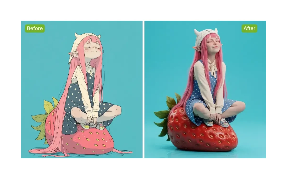 VisualGPT AI Image Editor before and after example: line-art anime girl sitting on a strawberry turned into a photoreal 3D render