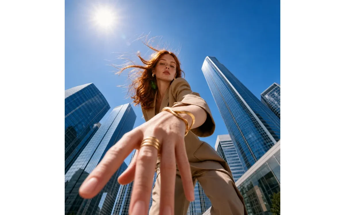 Low-angle shot of a woman reaching toward the camera between glass skyscrapers with the sun behind her