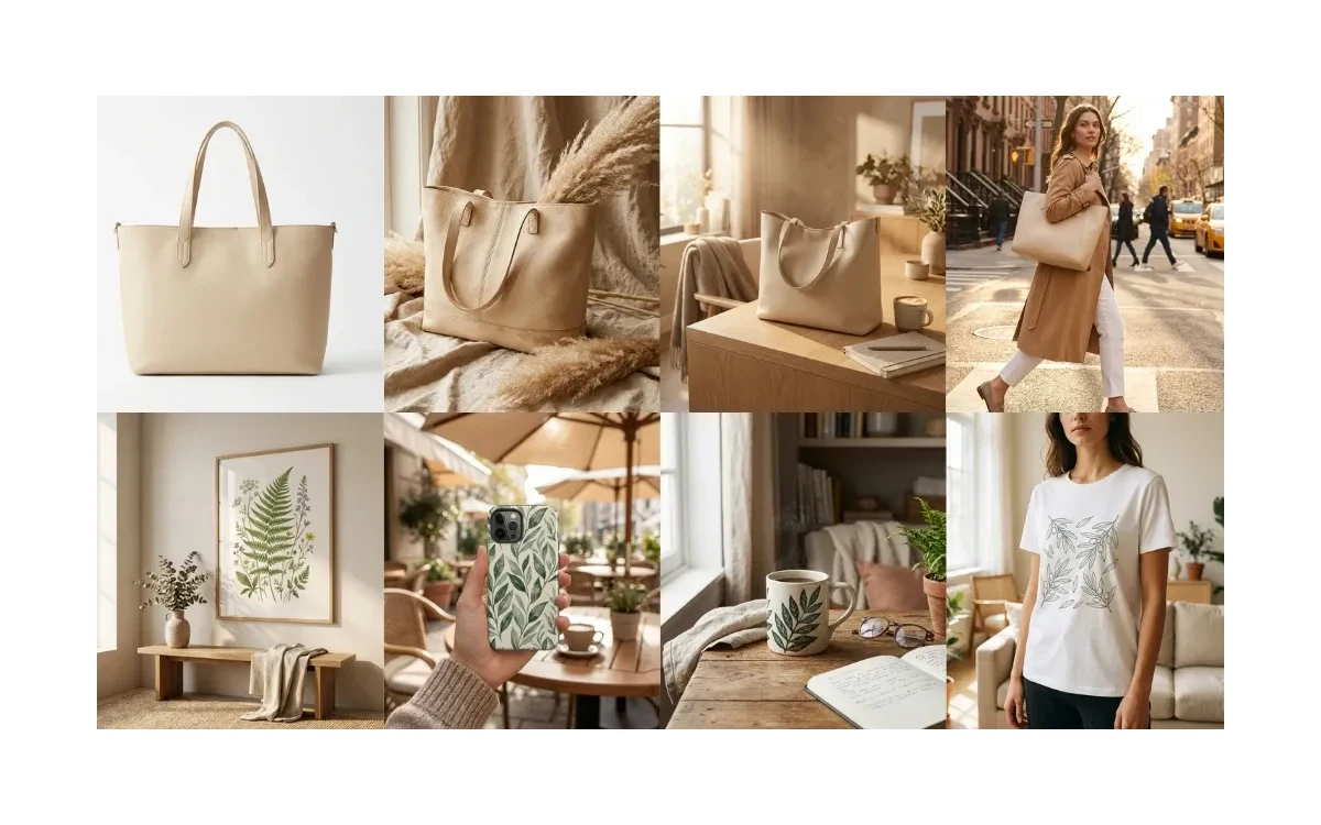 Grid of eight product photos showing a beige tote bag and other items placed in studio, cafe, street and room scenes
