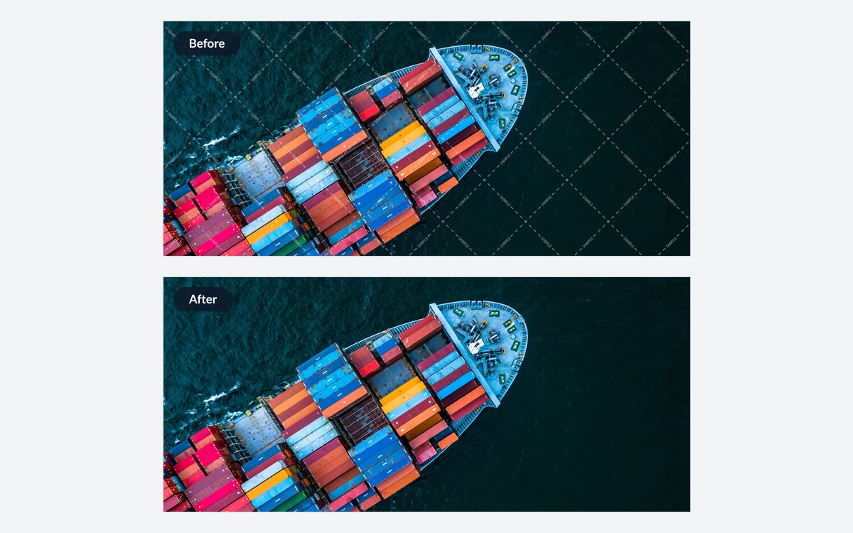 A container ship photo covered by a tiled SAMPLE watermark above the same photo with the watermark removed