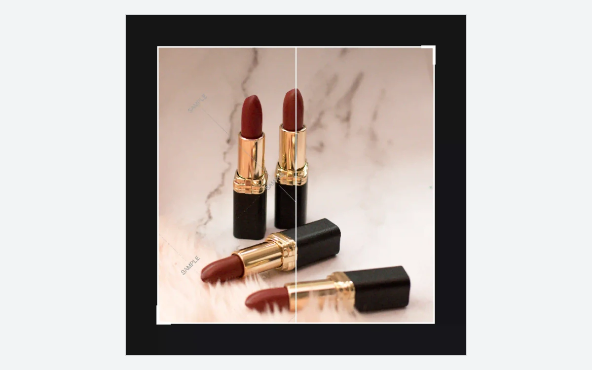A lipstick product photo split in half, with a SAMPLE watermark on the left half and a clean right half