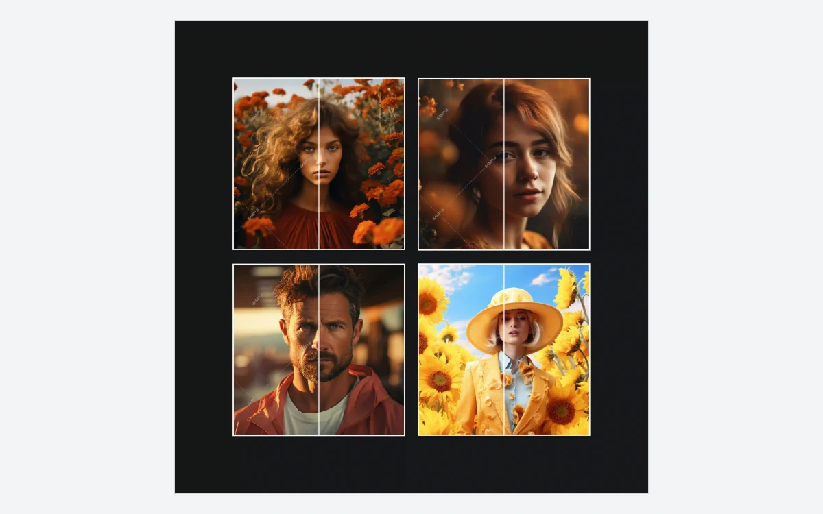 A grid of four portrait photos, each split into a watermarked half and a clean half