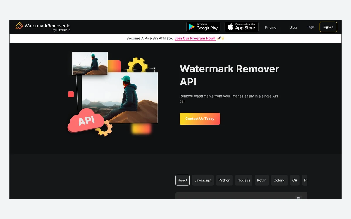 Desktop screenshot of the watermark removal API landing page with code samples