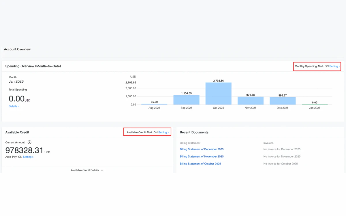 Alibaba Cloud Expenses and Costs Account Overview with Monthly Spending Alert and Available Credit Alert toggles