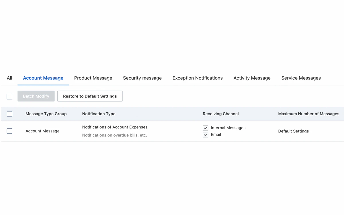 Alibaba Cloud Message Center settings for account expense notifications by internal message and email