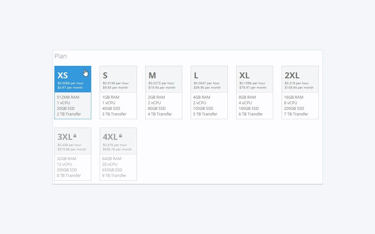 Atlantic.Net control panel plan size picker listing cloud server sizes with RAM, disk and price