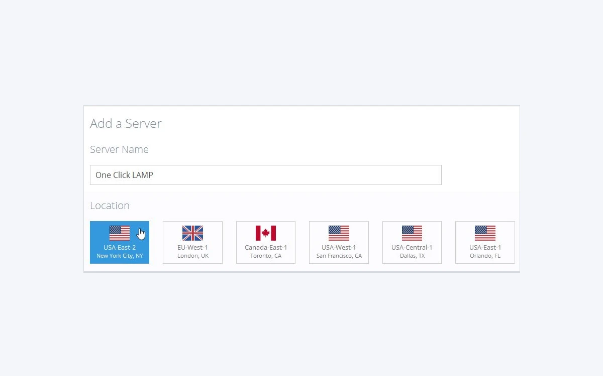 Atlantic.Net Add Server screen with fields for server name and data center location